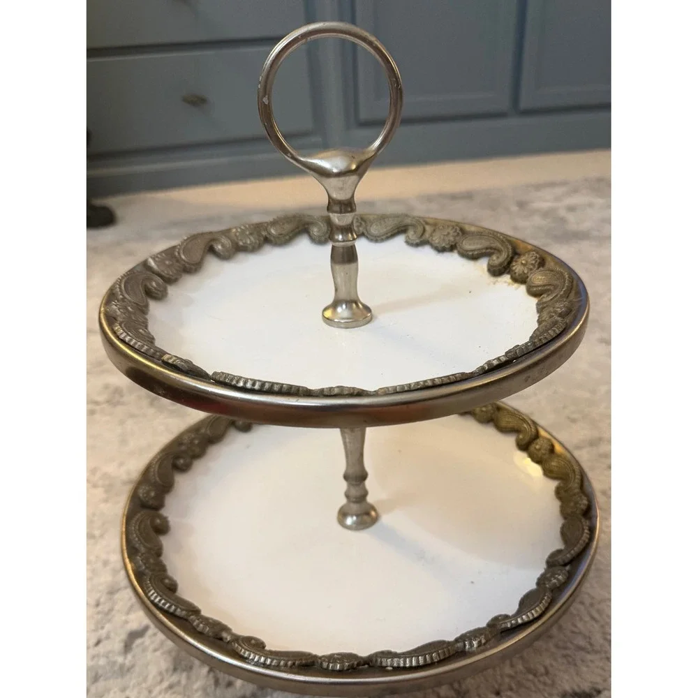 Vintage 2 Tier‎ Dessert Stand Silver Filigree White Milk Glass Serving Tray